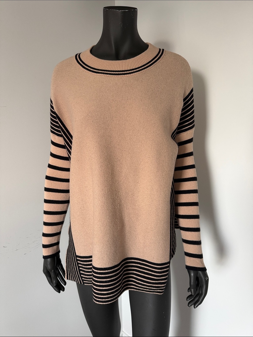 365. Frank Lyman Striped Oversized Tunic Sweater Beige Black Size M